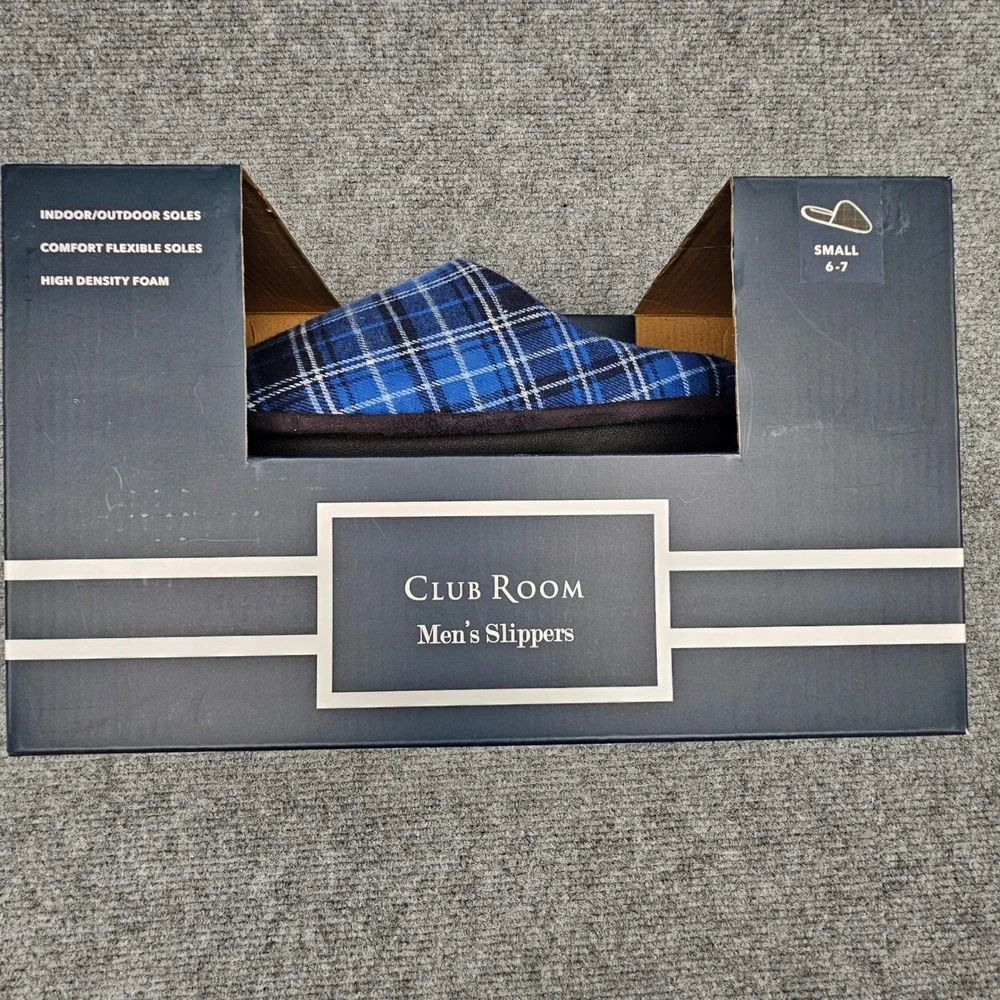 Club Room Men Slipper Plaid Scuff Indoor Outdoor Comfort Blue Small‎ 6-7